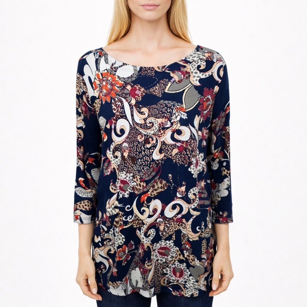 Chicos Size 3 Black Multi Color Floral Leopard Print Long Sleeve XLTop Shirt